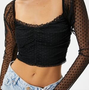 Divided Black Polka Dot Mesh Crop Top Medium Black